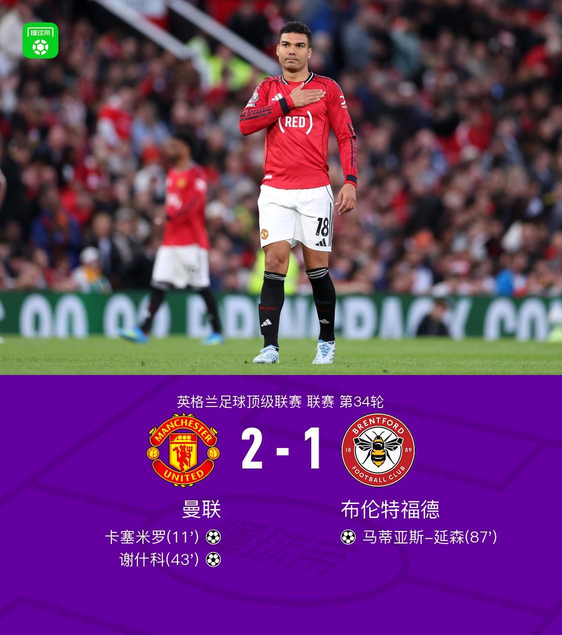 半岛体育中心-剑南春丨曼联2-1布伦特福德，卡塞米罗、谢什科破门，B费助攻